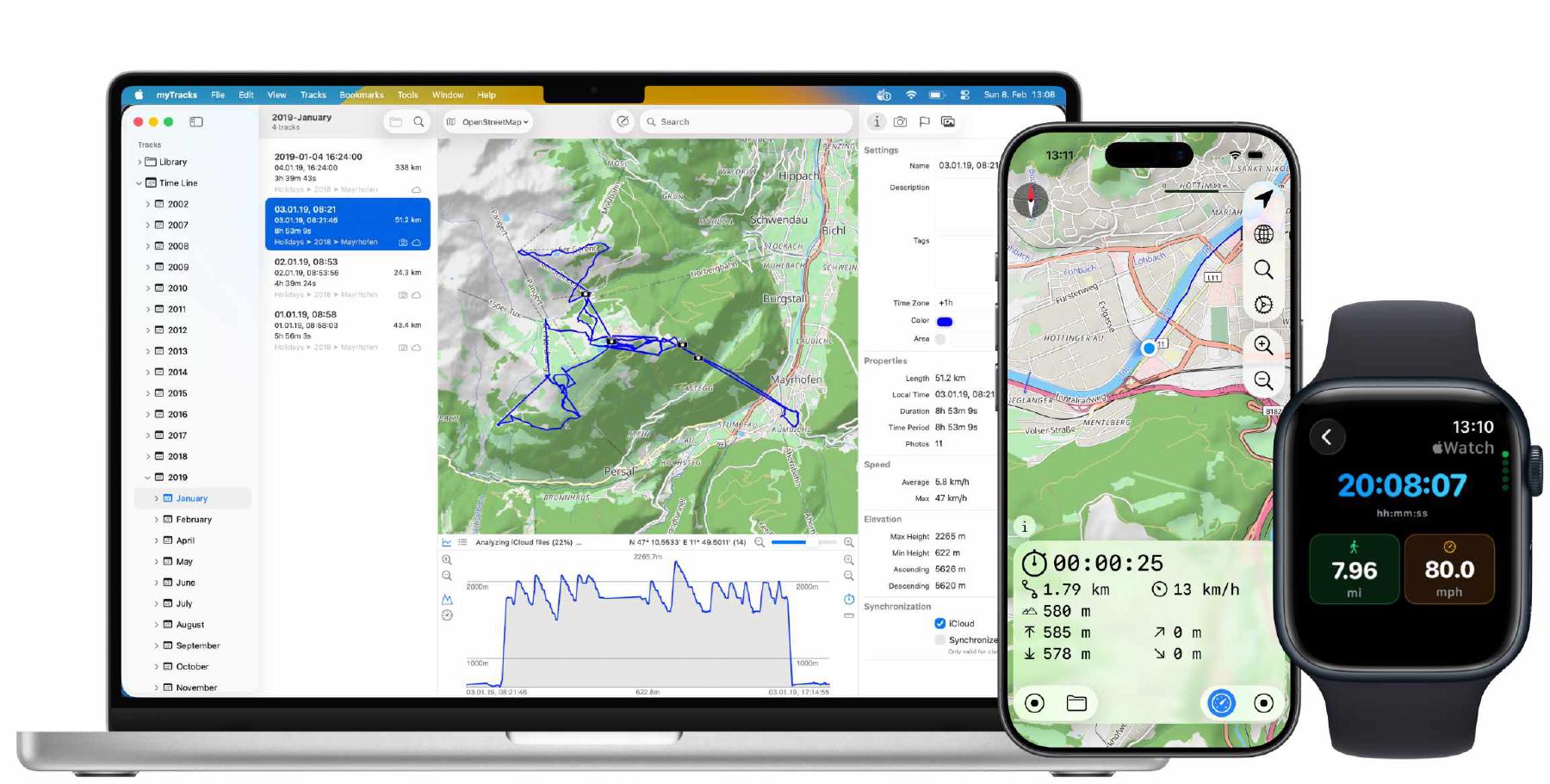 myTracks GPS tracks displayed on a map on Mac, iPhone, iPad and Apple Watch